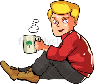 Man drinking hot coffee while seated outside. PNG - JPG and vector EPS file formats (infinitely scalable). Image isolated on transparent background.