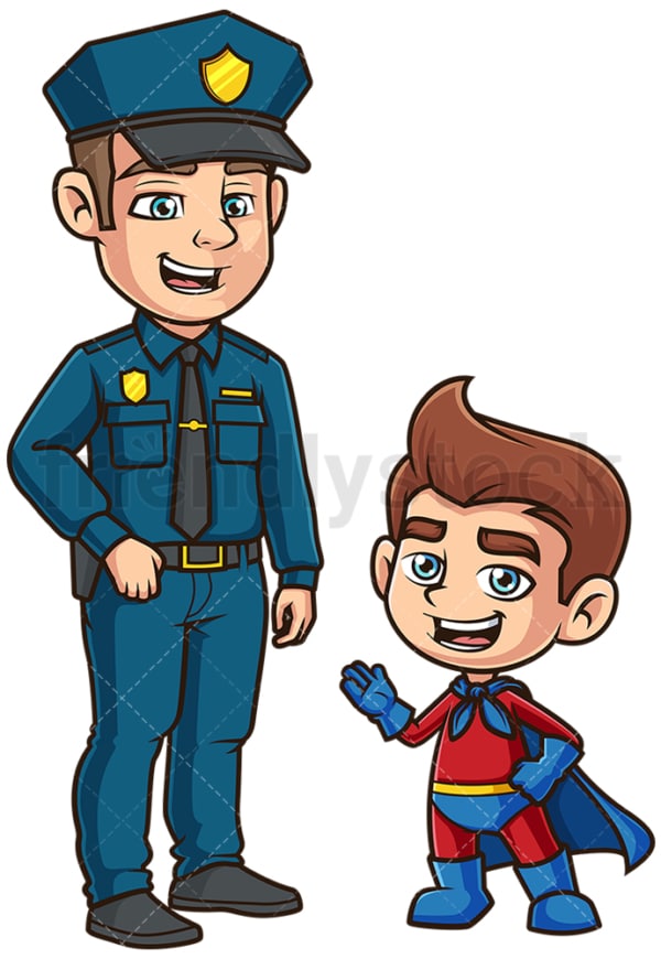 Superhero kid talking to police officer. PNG - JPG and vector EPS (infinitely scalable).