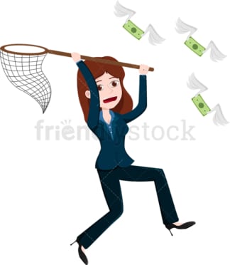 Woman using net to catch money bills flying away. PNG - JPG and vector EPS file formats (infinitely scalable). Image isolated on transparent background.
