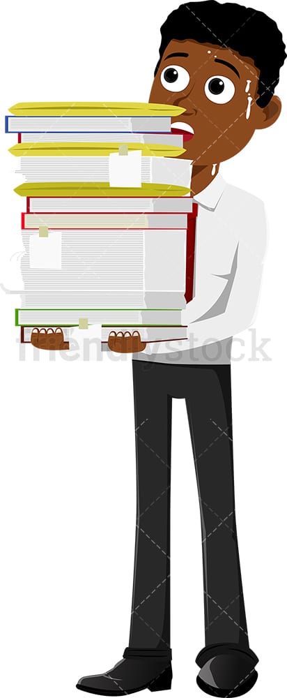 Black businessman carrying a load of paperwork. PNG - JPG and vector EPS file formats (infinitely scalable). Image isolated on transparent background.