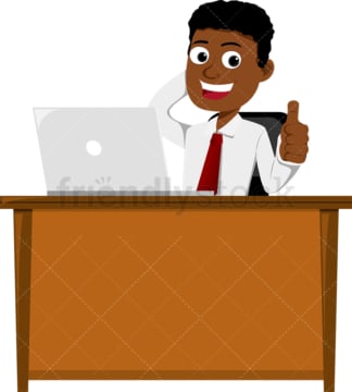 Black man giving the thumbs up behind desk. PNG - JPG and vector EPS file formats (infinitely scalable). Image isolated on transparent background.