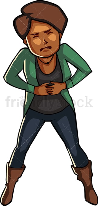 Black woman having menstrual cramps. PNG - JPG and vector EPS file formats (infinitely scalable). Image isolated on transparent background.