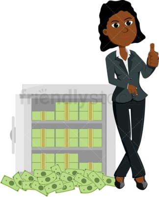 Black woman leaning against safe full of cash. PNG - JPG and vector EPS file formats (infinitely scalable). Image isolated on transparent background.