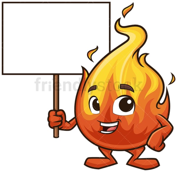 Fire mascot holding blank sign. PNG - JPG and vector EPS (infinitely scalable).