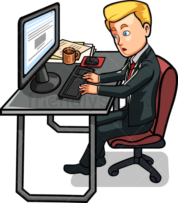 Man sitting at desk working on computer. PNG - JPG and vector EPS file formats (infinitely scalable). Image isolated on transparent background.