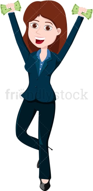 Woman holding some cash and cheering. PNG - JPG and vector EPS file formats (infinitely scalable). Image isolated on transparent background.