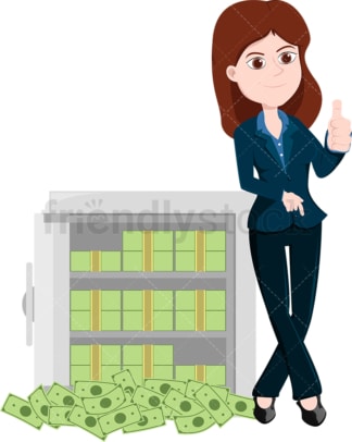 Woman leaning to an open safe full of money. PNG - JPG and vector EPS file formats (infinitely scalable). Image isolated on transparent background.