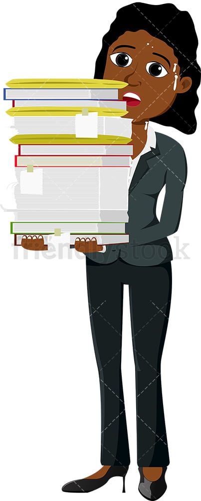 Worried black businesswoman carrying paperwork. PNG - JPG and vector EPS file formats (infinitely scalable). Image isolated on transparent background.