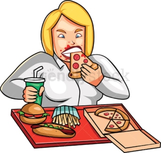 Avaricious woman devouring junk food. PNG - JPG and vector EPS file formats (infinitely scalable). Image isolated on transparent background.