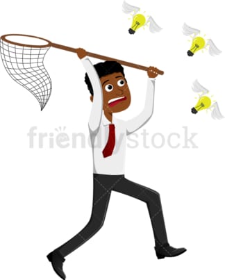 Black businessman pursuing ideas with net. PNG - JPG and vector EPS file formats (infinitely scalable). Image isolated on transparent background.