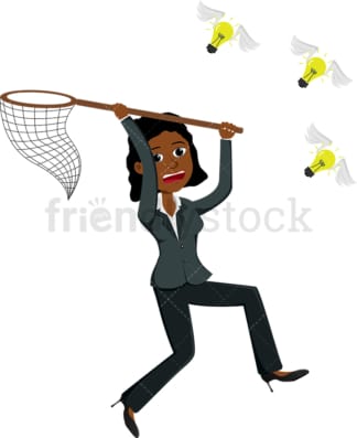 Black businesswoman running after lightbulbs with wings. PNG - JPG and vector EPS file formats (infinitely scalable). Image isolated on transparent background.