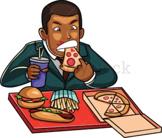 Black corporate man eating junk food. PNG - JPG and vector EPS file formats (infinitely scalable). Image isolated on transparent background.