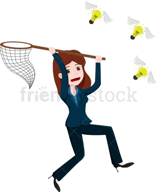 Businesswoman in pursuit of lightbulbs flying away. PNG - JPG and vector EPS file formats (infinitely scalable). Image isolated on transparent background.