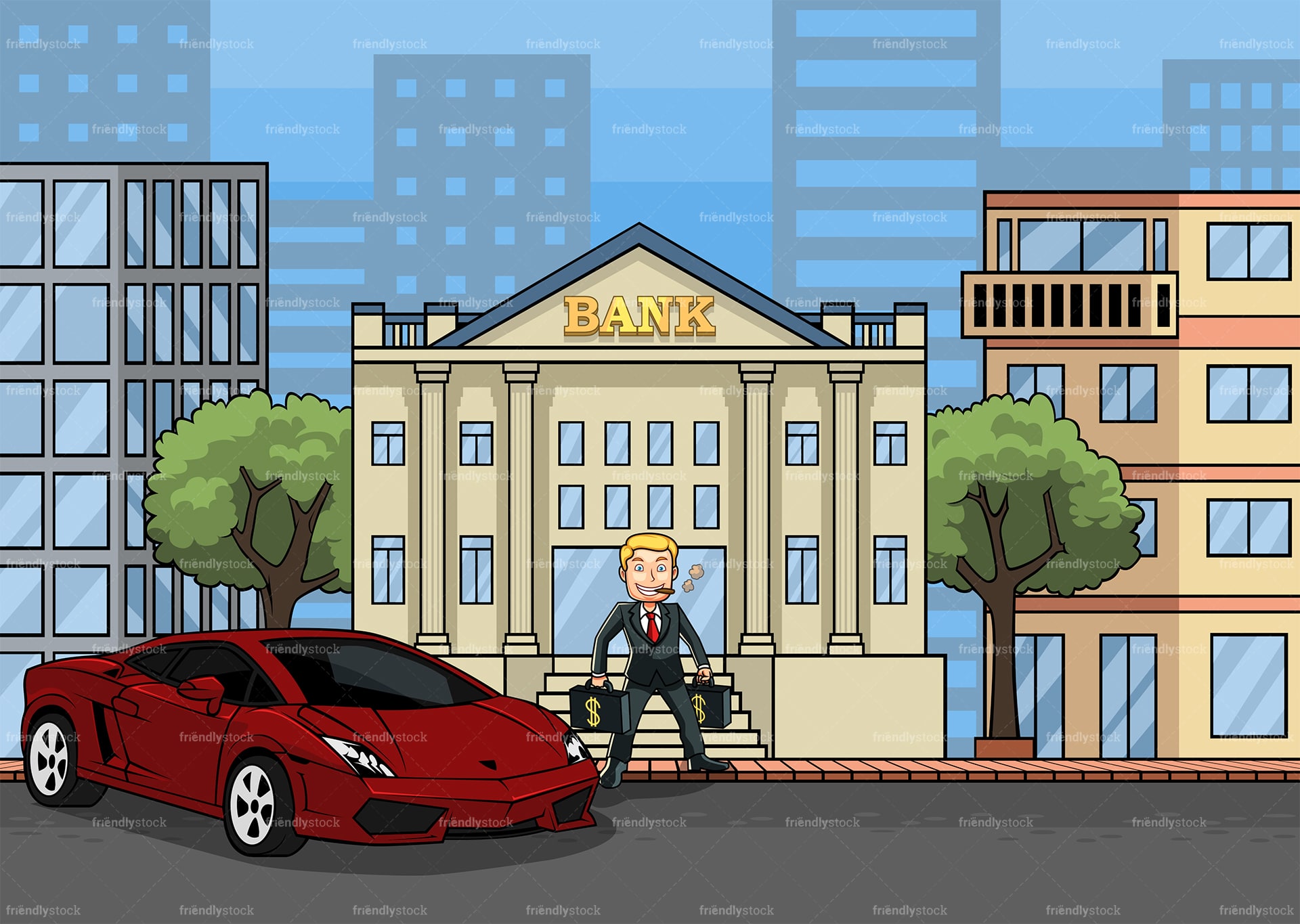 Man with supercar depositing money to the bank. PNG - JPG and vector EPS file formats (infinitely scalable). Image isolated on transparent background.