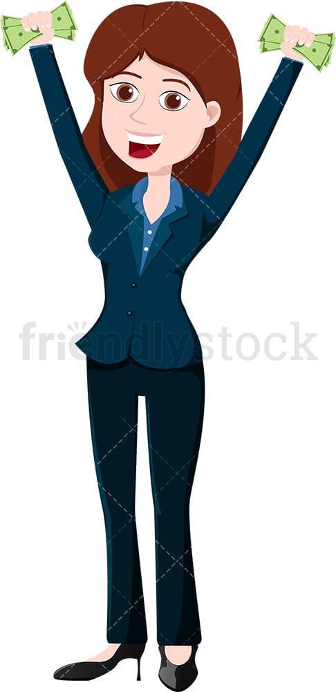 Woman smiling as she holds some money in her fists. PNG - JPG and vector EPS file formats (infinitely scalable). Image isolated on transparent background.
