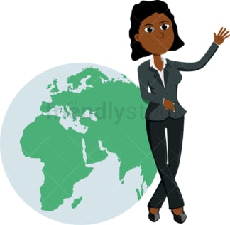 Black businesswoman leaning against gigantic globe. PNG - JPG and vector EPS file formats (infinitely scalable). Image isolated on transparent background.