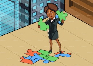 Black woman at office solving jigsaw puzzle. PNG - JPG and vector EPS file formats (infinitely scalable). Image isolated on transparent background.