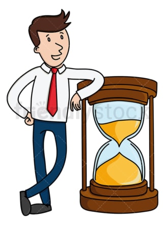 Businessman leaning on large hourglass. PNG - JPG and vector EPS (infinitely scalable).