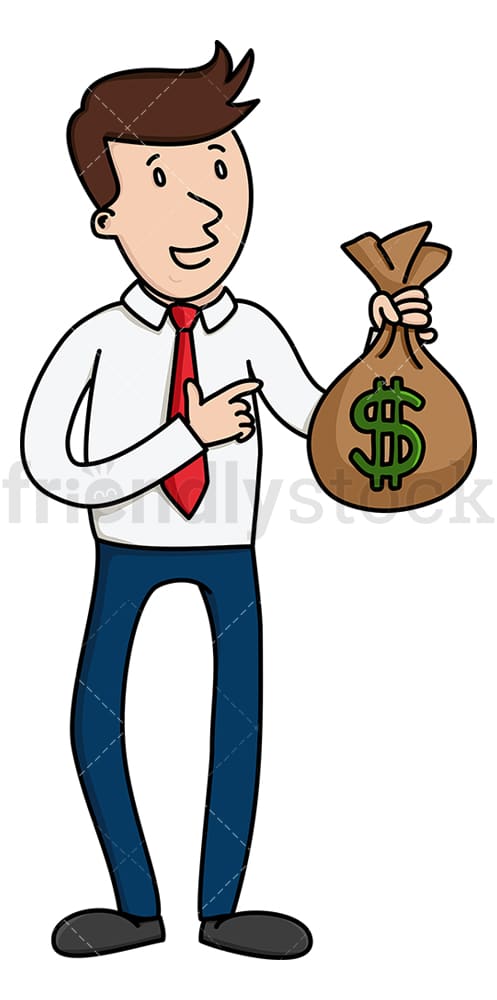Businessman Pointing To Bulging Cash Bag Cartoon Clipart Vector -  FriendlyStock