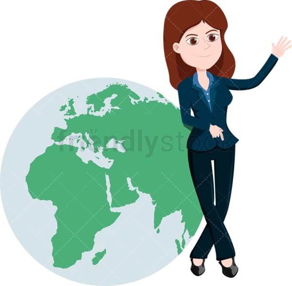 Businesswoman leaning against giant earth globe. PNG - JPG and vector EPS file formats (infinitely scalable). Image isolated on transparent background.
