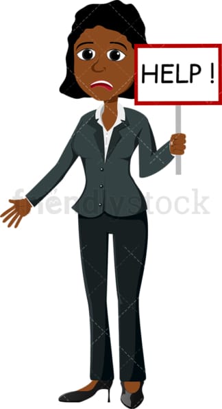 Desperate black businesswoman holding help sign. PNG - JPG and vector EPS file formats (infinitely scalable). Image isolated on transparent background.
