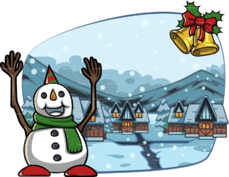 Snowman near village covered in snow. PNG - JPG and vector EPS file formats (infinitely scalable). Image isolated on transparent background.