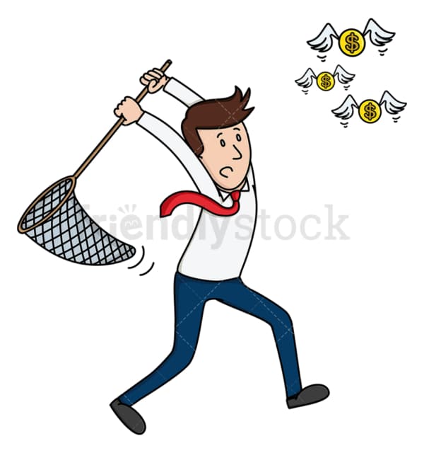 Businessman tries to catch coins with net. PNG - JPG and vector EPS (infinitely scalable).