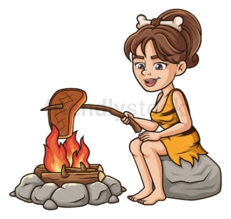 Cavewoman cooking meat on fire. PNG - JPG and vector EPS (infinitely scalable).