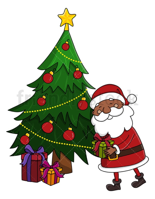 Black Santa Leaving Present Under Christmas Tree Clipart FriendlyStock