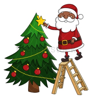 Black santa claus decorating christmas tree. PNG - JPG and vector EPS (infinitely scalable).
