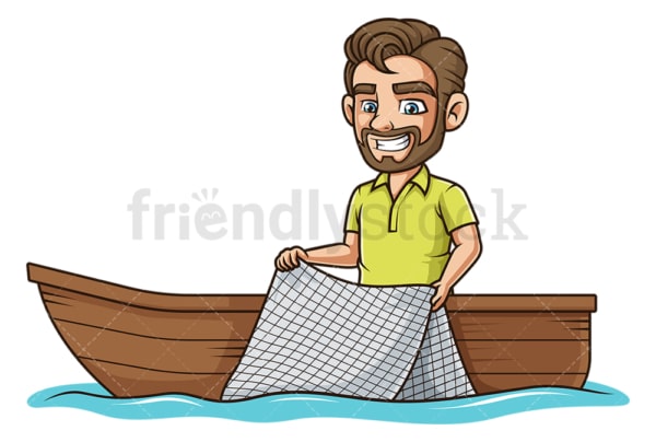 Man on boat fishing with net. PNG - JPG and vector EPS file formats (infinitely scalable). Image isolated on transparent background.