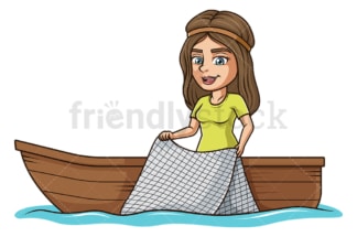 Woman on boat fishing with net. PNG - JPG and vector EPS file formats (infinitely scalable). Image isolated on transparent background.