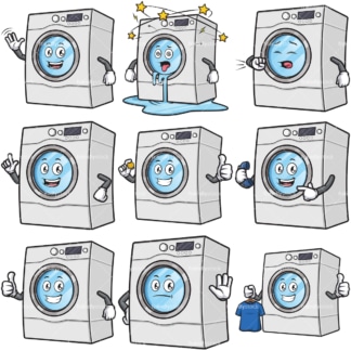 Washing machine character cartoon mascot bundle. PNG - JPG and infinitely scalable vector EPS - on white or transparent background.