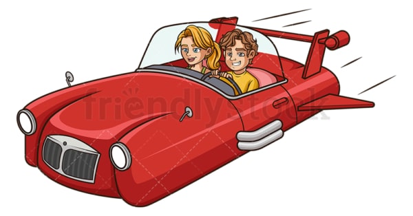 Couple in retro flying car. PNG - JPG and vector EPS (infinitely scalable).