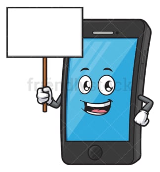Cell phone mascot holding blank sign. PNG - JPG and vector EPS (infinitely scalable).