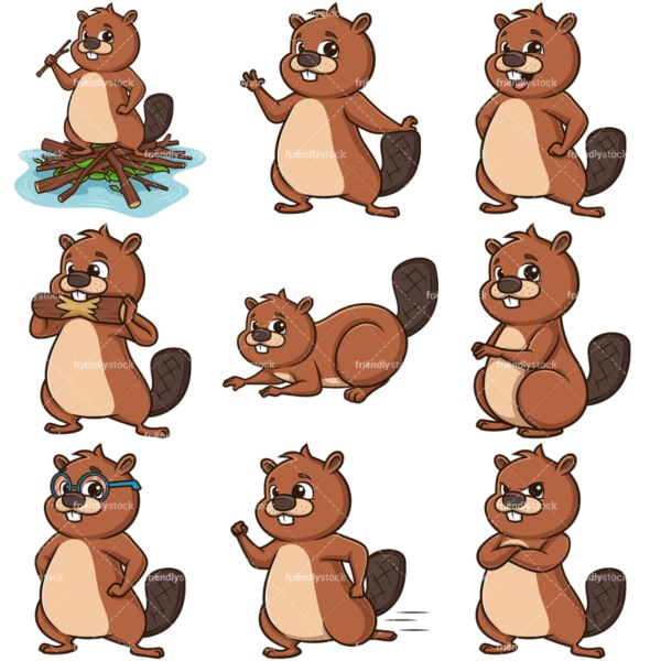 Beaver character collection. PNG - JPG and infinitely scalable vector EPS - on white or transparent background.