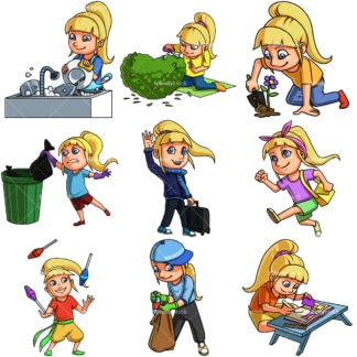 Girl doing various activities. PNG - JPG and infinitely scalable vector EPS - on white or transparent background.