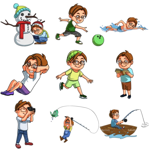 Nerdy boy doing activities. PNG - JPG and infinitely scalable vector EPS - on white or transparent background.