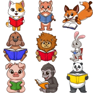 Cartoon animals reading books. PNG - JPG and infinitely scalable vector EPS - on white or transparent background.