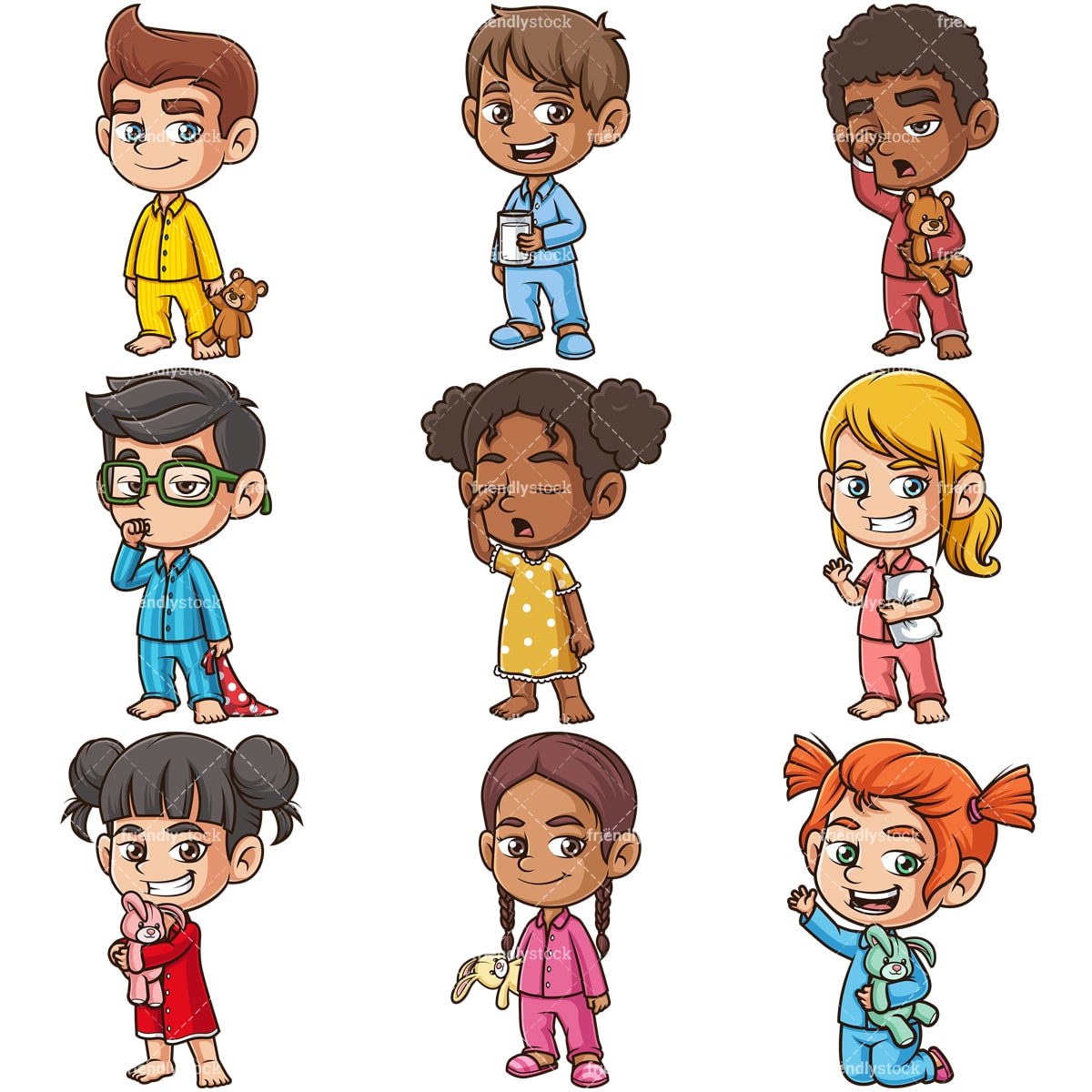 Kids Wearing Pajamas Collection Vector Cartoon Clipart
