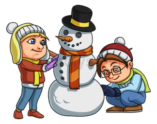 Kids building a snowman. PNG - JPG and vector EPS file formats (infinitely scalable). Image isolated on transparent background.