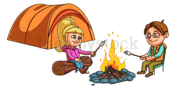 Camping kids toasting marshmallows. PNG - JPG and vector EPS file formats (infinitely scalable). Image isolated on transparent background.