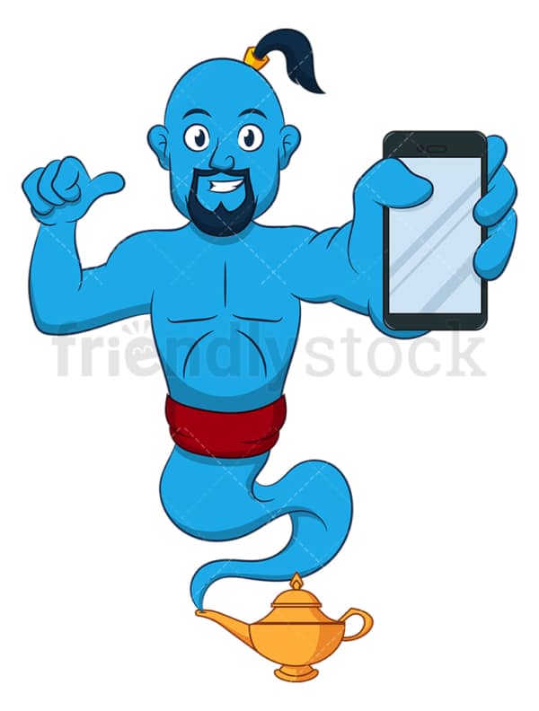 Blue genie holding phone. PNG - JPG and vector EPS (infinitely scalable).