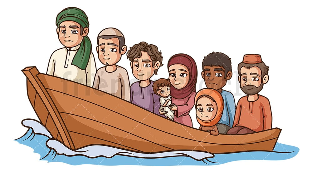 Refugees In Boat Cartoon Clipart Vector - FriendlyStock