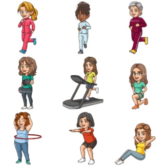 Cartoon women working out. PNG - JPG and infinitely scalable vector EPS - on white or transparent background.