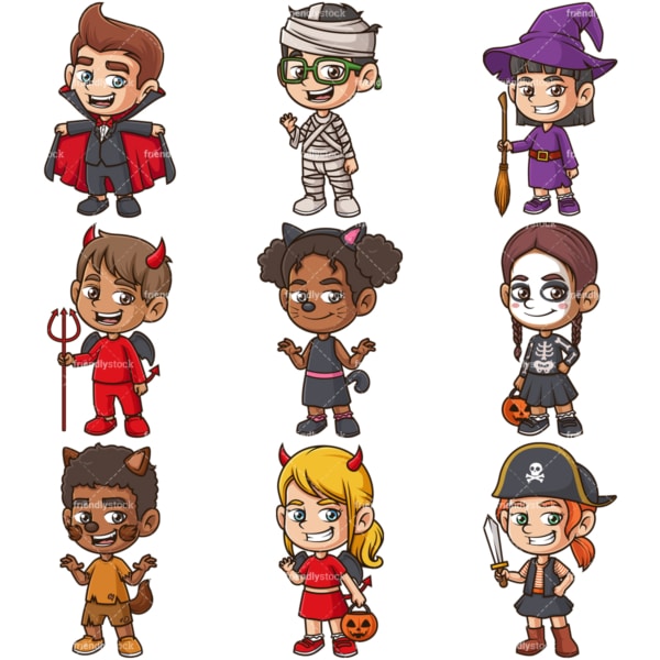 Kids in halloween costumes. PNG - JPG and infinitely scalable vector EPS - on white or transparent background.