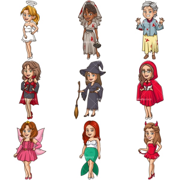 Women in halloween costumes. PNG - JPG and infinitely scalable vector EPS - on white or transparent background.