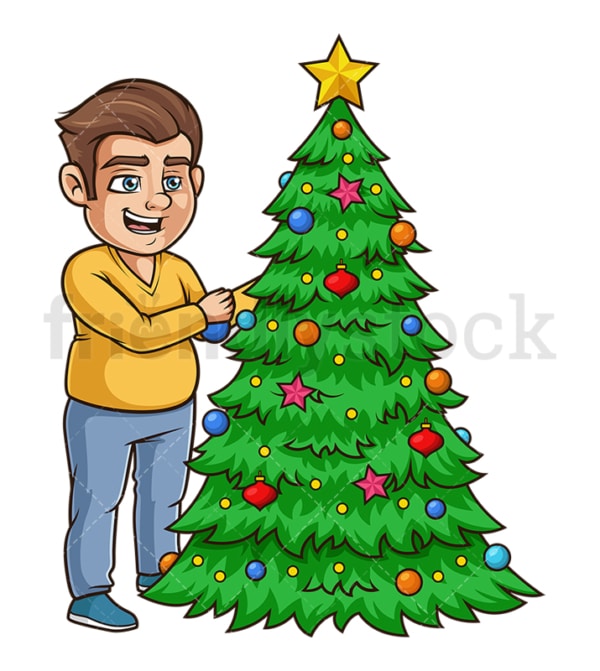 Chubby guy decorating christmas tree. PNG - JPG and vector EPS (infinitely scalable).