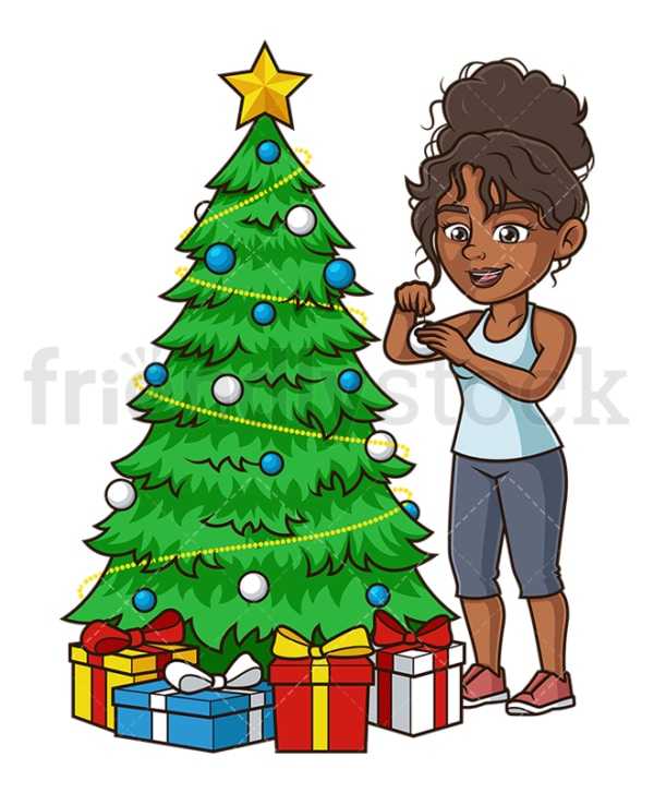 Black woman decorating christmas tree. PNG - JPG and vector EPS (infinitely scalable).