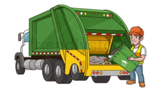 Dustman unloading trash bin garbage truck. PNG - JPG and vector EPS (infinitely scalable).